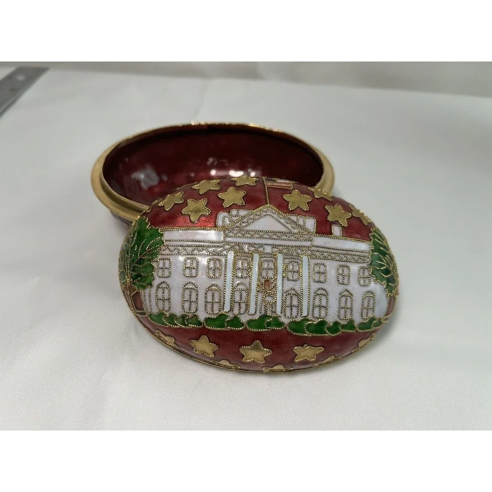 Enamel White House & American Star Flag Egg Shaped Trinket‎ Box Jewelry Dish